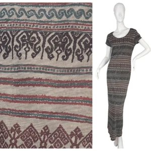 Peruvian Connection Short Sleeve Cotton Maxi Dress in Gray Tribal Stripe XS - Picture 1 of 12