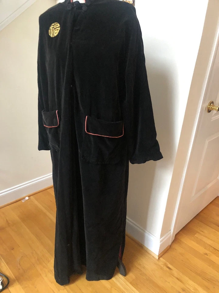 KOSHO Tokyo Yokohama Antiguo De Colección Negro Terciopelo Rosa Borde Largo Hasta el Suelo Bata Foto 1 de 4