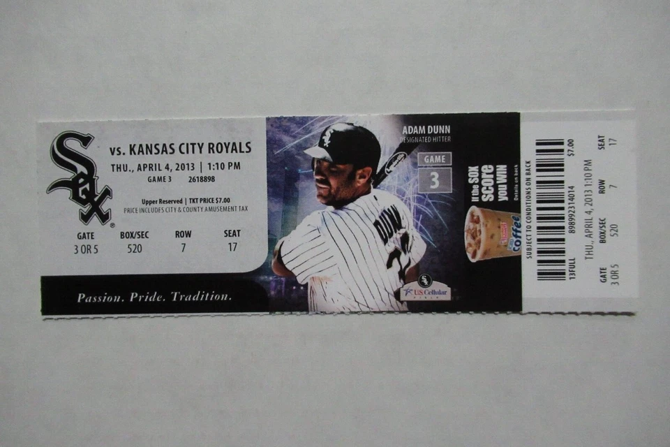 CHICAGO WHITE SOX VS KANSAS CITY ROYALS 4/4/2013 FULL TICKET ~ ADAM DUNN Foto 1 de 1