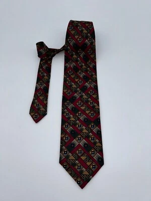 Gravata masculina de seda PARK AVENUE BY RAYMOND REGENCY vermelha azul dourada padrão geográfico bom!! - Imagem 1 de 4