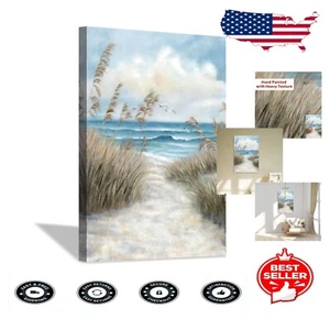 Gallery-Wrapped Beach Path Artwork - Serene Abstract Seascape Canvas 36'' x 24'' - Picture 1 of 9