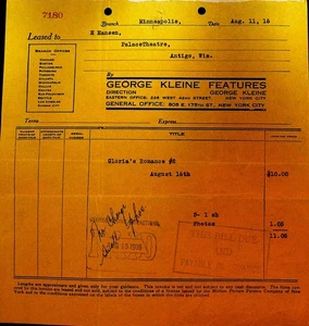 George Kleine Features Factura 11 de agosto 1916 Gloria's Romance película muda - Imagen 1 de 1