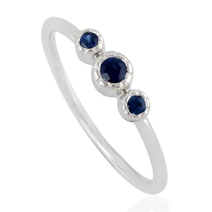 18k White Gold Blue Sapphire Three Stone Ring Handmade Jewelry - Picture 1 of 6
