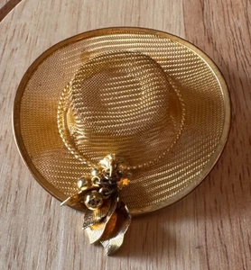 GARTENARBEIT HUTNADEL Vintage goldfarbene Metall MESH BROSCHE Baumeln Blätter & Perlen J53 - Bild 1 von 3