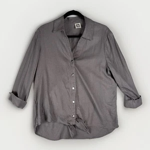 Ann Klein Shirt Womens M/L Charcoal Gray Button Down Tie Front Linen Blend - Picture 1 of 7