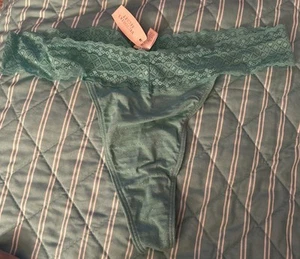 Victorias Secret Turquoise Aqua Blue Shimmer with Lace Waist Thong XL NWT - Picture 1 of 9