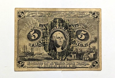 Fr 1235- 5 Cents FIBER PAPER 1863 R1 Fractional Currency, RARE US Obsolete Paper - Image 1 of 4