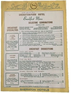Menú de desayuno de hotel Sheraton-Park vintage de la década de 1950 Anaheim California CA - Imagen 1 de 2