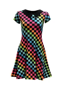 Rainbow Checker Chess Board Checker Collar Swing Rockabilly Dress Alternative  - Picture 1 of 2