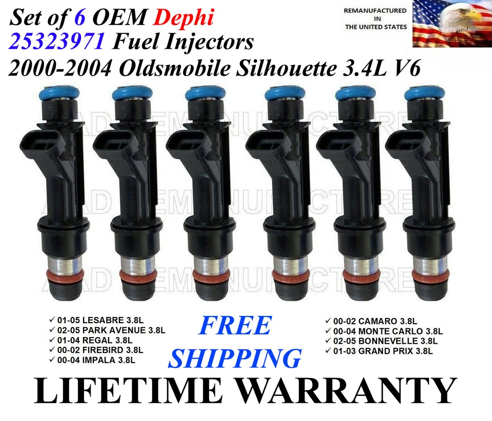 Genuine 6 OEM Delphi Fuel Injectors For 2000-2004 Oldsmobile Silhouette 3.4L V6 - Image 1 of 1