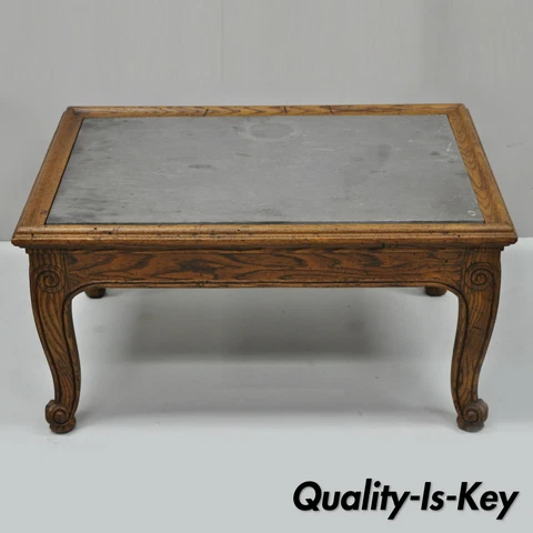 Henredon Town & Country French Style Carved Oak Wood Slate Top Low Accent Table Cover