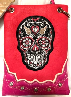 Montana West Pink Sugar Skull Cell Phone Wallet Travel Size Shoulder Strap - Image 1 of 4