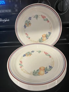 4~~~ 10 1/4" Corelle "Abundance" Blue/Burgandy Rim Dinner Plates - Picture 1 of 1
