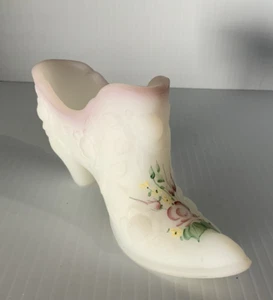 Vintage Fenton Slipper Art Glass White Satin Hand Painted Artist Signed - Picture 1 of 6