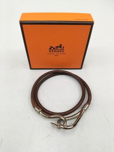 HERMÈS Bracciale doppio avvolgimento HERMES Jumbo originale pelle marrone tono argento con SCATOLA