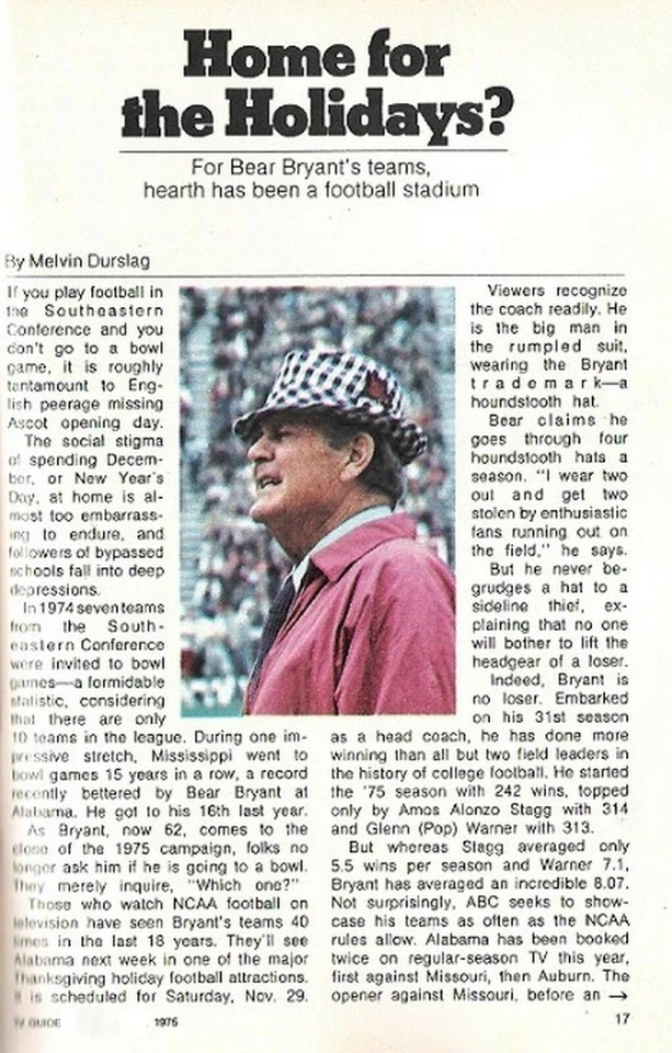 ALABAMA FUTBOL 1975 OSO ESCASO BRYANT BOWL JUEGO FUNCIÓN TV GUÍA MAREA CARMESÍ Foto 1 de 1