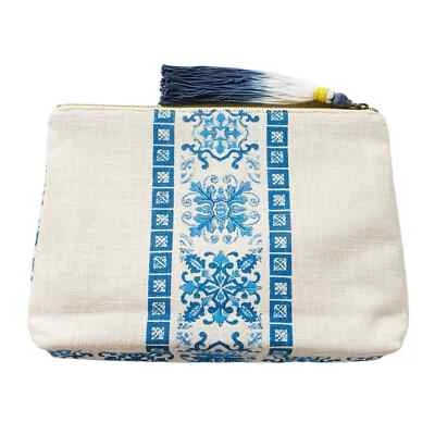 Bolso sin asas Anthropologie Jasper & Jeera estampado lino borlas azul crema Foto 1 de 4