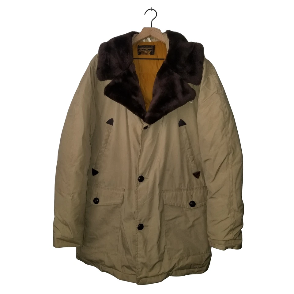 Eddie Bauer Goose Down Parka Jacket Khaki Vtg Fur Collar Hooded Puffer Coat XL - Image 1 of 4