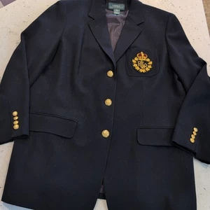 VTG LRL Ralph Lauren Blazer Size 16 Crest & Crown Gold Buttons Worsted Wool Navy - Picture 1 of 14