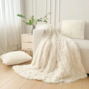 3 Pieces Soft Fluffy Throw Blanket Set, Ivory Shaggy Faux Fur Blanket, Cute F... - Picture 1 of 6