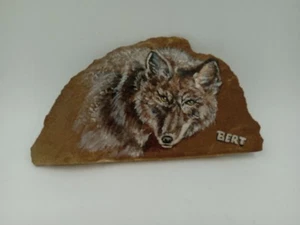 Hand Painted Wild Wolf Rustic Stone Slab Painting of Wolf Figurine Signed Bert - Picture 1 of 12
