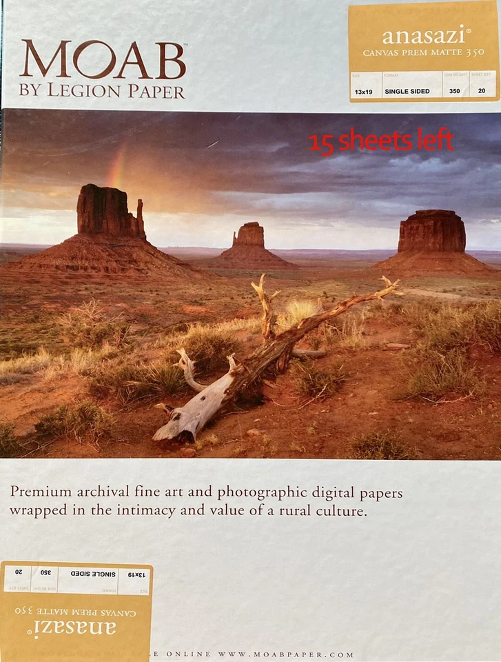 Moab Premium Matte Canvas Anasazi For Inkjet Printer 350GSM 13" x 19" 15 Sheets - Image 1 of 1