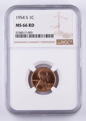 Certified 1954-S Lincoln Cent NGC MS66 Red Wheat Penny 1c  - Image 1 of 2