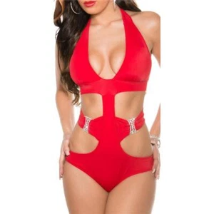 Sexy Laccio Al Collo Monokini con Strass Bikini Beachwear Rosso #BI576 - Picture 1 of 20