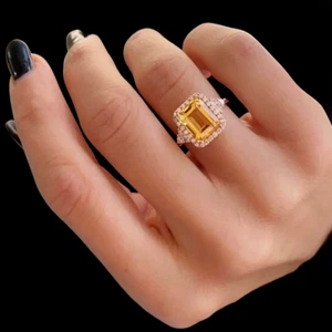 Anillo de compromiso citrino natural corte esmeralda de 4,00 quilates de oro amarillo de 18 quilates diamante fino - Imagen 1 de 8