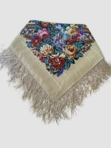 Platki Russian 58”x 57” Square Wool Scarf Fringe Vibrant Gold Tone Floral Wrap - Picture 1 of 9