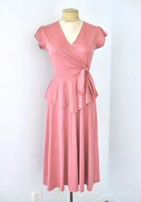 Vtg 70s 80s Pink Poly Knit Tie Top Peplum Disco Secretary Dress Full Skirt XS/S - Image 1 of 4