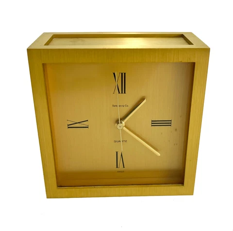 Tiffany & Co. Gilt Brass Square Gold Quartz Dial Desk Clock Cover