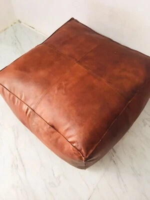 Leather Pouf Moroccan Ottoman Genuine Goat Pouffe Footstool Handmade Un-Stuffed - Image 1 of 4