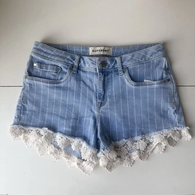 Superdry Vaqueros Azul Denim Con Rayas Blancas Cortos Encaje Streetwear Talla:M 8-10 Foto 1 de 4