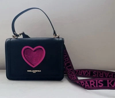 Bandolera KARL LAGERFELD PARIS Simone Corazón Solapa Cuero - Negra/Rosa Cactus Nueva con Etiquetas Foto 1 de 4