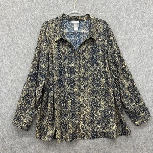 Catherines 3X Button Front Shirt Womens Plus 26/28W Blue Tan Roll Tab Sleeves - Picture 1 of 8