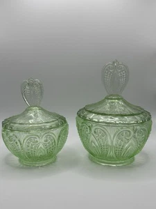 Hubertus 1930’s Green Glass Covered Dish Set Of 2 Art Deco Antique - Picture 1 of 19