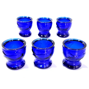 Cobalt Blue Sake Shot Glass Embossed Fish NS Sushi Bar Barware Egg Cup 6pc Set - Picture 1 of 14