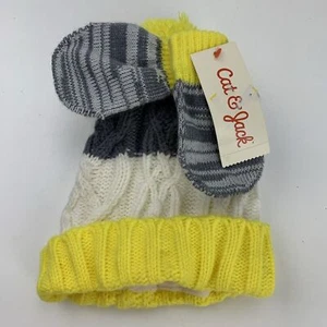 Cat & Jack Hat & Mitten Glove Set Infant One Size New Yellow Grey New - Picture 1 of 3
