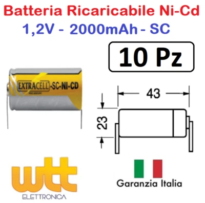 EXTRACELL - ALCAPOWER - MKC 10pz BATTERIA RICARICABILE NI-CD SC 1,2V 2000mAh 22x42mm A SALDARE NICD LAMELLE