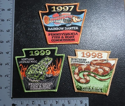 Lote de 3 PARCHES De Colección*PA FISH & BOAT COMMISSION*1997 1998 1999*FISH RANA SERPIENTE *J Foto 1 de 2