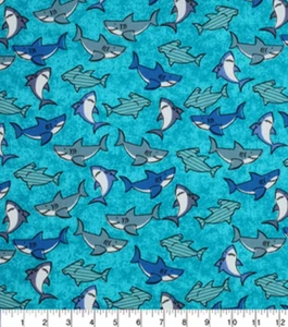 SHARKS ALLOVER ON TURQUOISE 100% COTTON FABRIC 27X43 INCHES - Picture 1 of 1