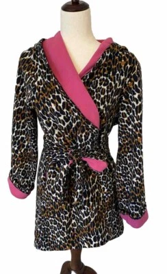 Albornoz Betsey Johnson para mujer M leopardo con capucha polar ribete en contraste rosa Foto 1 de 4