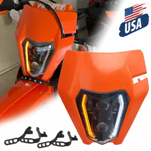 LED Headlight Head Lamp w/ Orange Maske For KTM 250 350 450 690 Enduro R SMC-R - Foto 1 di 11