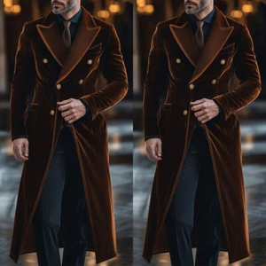 Mens Velvet Ankle Length Coat Double Breasted Buttons Peak Lapel Casual Overcoat - Picture 1 of 23