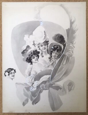 Original Drawing Portrait Women Belle Epoque Hats Feathers Hairstyle circa 1900 - Image 1 of 4