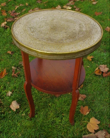Tea Coffee Side Table Round Wood Engraved Brass Persian Asian Table Top tray Cover
