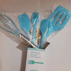 Best 5 Piece Spatula, Spoonula, Whisk, Baste Silicone Utensil Set Cook - Blue - Picture 1 of 4