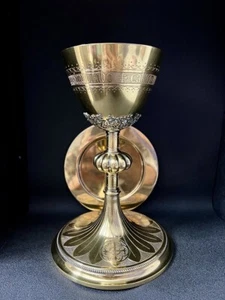 Beautiful Antique Religious Chalice & Paten Vermeil Silver Neo-Gothic 19th C - Picture 1 of 9