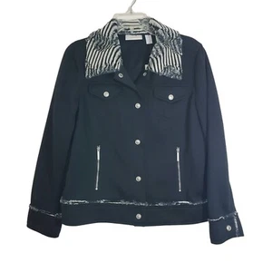 NWT Chico's Faux Fur Zebra Trim Jacket Black Boho Artsy Animal Safari Medium - Picture 1 of 11